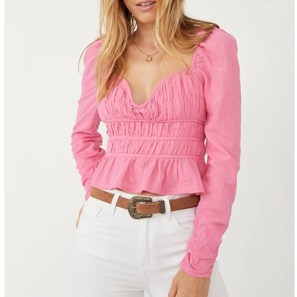 Free People Chloe Aurora Pink Smocked Peplum Sweetheart Bohemian Cropped Top